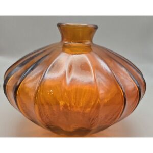 Vintage Vase Orange Gourd  Shaped  Ribbed Vase. 7" Wide